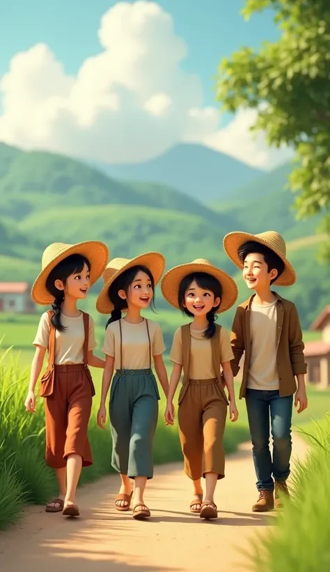 Men in farmers clothes,Wear a leaf hat,and a group of people, including family and friends, walking on the small village road, on both sides are green fields. Everyone laughed and said happily, the atmosphere is very peaceful.hình 3d