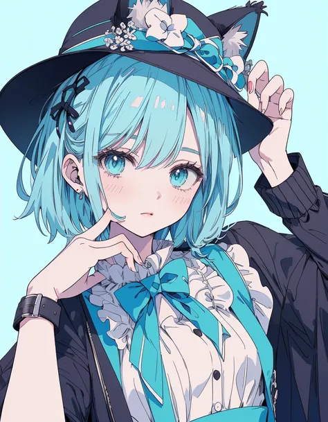 strow hat, dress, black blade, ((masterpiece, best quality:1.5)), ((Beautiful detailed cat aqua eyes:1.2)), cat ears, pale skin, medium breasts, beautiful hands, beautiful fingers, EasyNegative