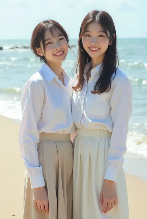 ((Highest quality)), ((masterpiece)), (detailed), Perfect Face,2 Japanese women,Teenager without makeup,Full body standing,Clean up to the toes,Huge breasts:1.3,Huge breasts:1.3,High bust top:1.3,Hard, Round Breasts:1.3,White shirt,Long skirt,((No Pat,Very...