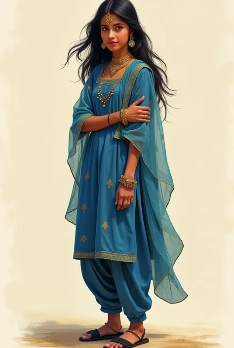 punjabi girl   black hair   dark eyes   .   Young , blue kurti salwar, full gold jewelry, black sandals.   Pretty. Totally original picture, full picture from head to toe