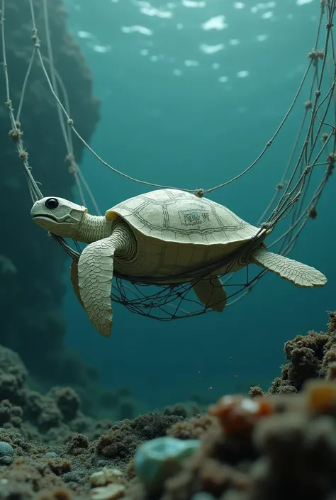 origami crush paper crying turtle trap in a net on the ocean full of garbage, (perspective view) black ink tears from eyes, text on paper says "help me", close-up, dirty arrecife, crystal water, emotional scene, realistic, cinematic lighting and dramatic a...