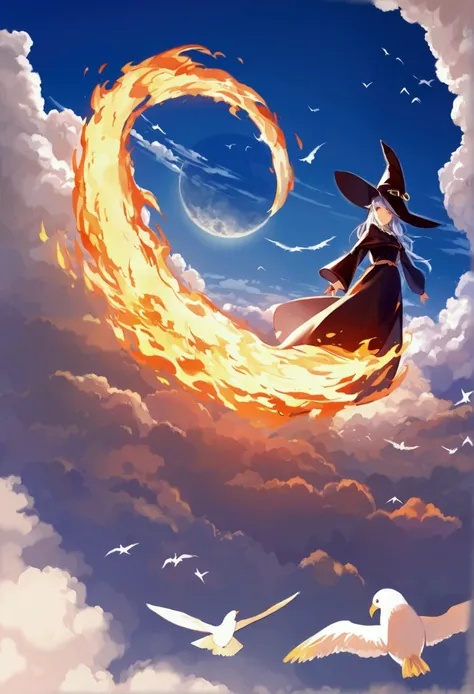 best quality, highly detailed, masterpiece, ultra-detailed, cloud, witch_hat, hat, 1boy, sky, blue_sky,day, long_hair, cloudy_sky, moon,bird, solo, silver_hair, witch, outdoors 