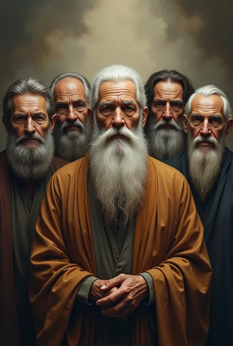 Seven wise old men of various ethnicities behind each other, 3 on each side and one in the middle with a mysterious and charming appearance.. He has a white, well-groomed beard, his face is marked by wrinkles that tell stories of a long life full of wisdom...