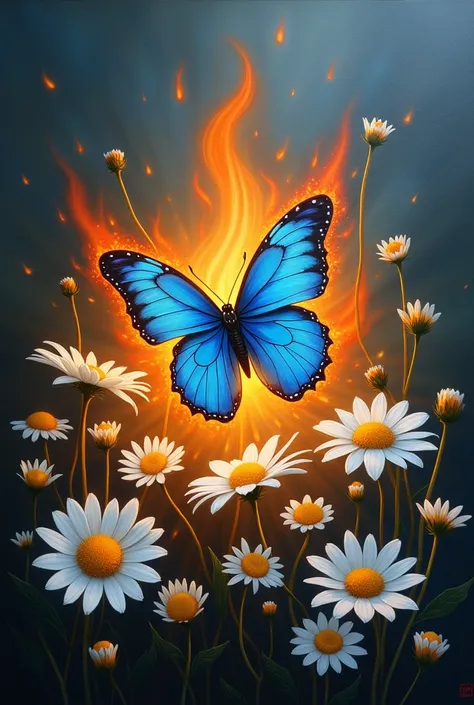 Blue butterfly consumed by flames, around the butterfly some white daisies, realistic painting