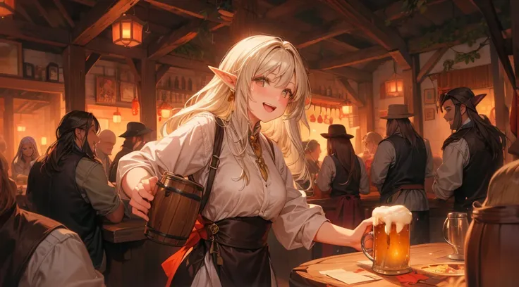 an illustrated scene set in a lively fantasy tavern at twilight. the focus is on a cheerful elf waitress, a young woman with lon...