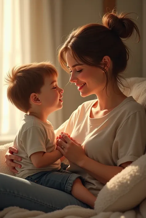 Mother looks at her son on her lap, both smiling at each other.