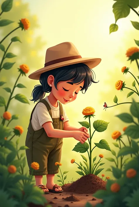 farmer cutting damaged leaves from a plant, Cute and tender drawing for children
