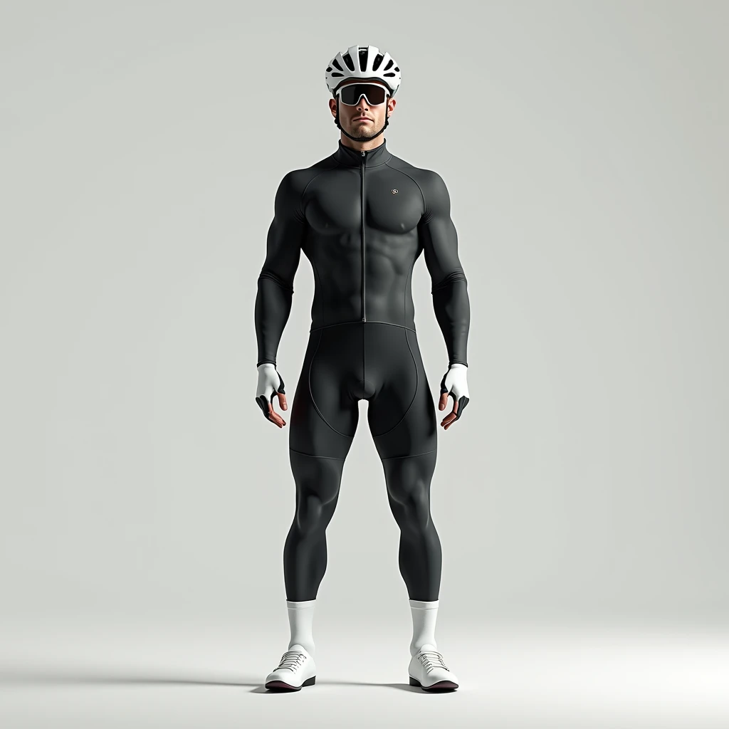 1 male,cyclist,Bodysuits,Are standing,Long tights,Long sleeve,White binding shoes,White cycling helmet,White Long Socks,Cycling sunglasses