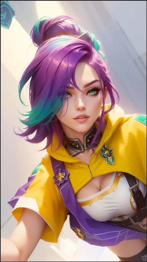 a close up of a woman with a purple and green hair, portrait knights of zodiac girl, style artgerm, ig model | artgerm, extremely detailed artgerm, rossdraws cartoon vibrant, vi from arcane, vi from league of legends, brigitte from overwatch, artgerm style...