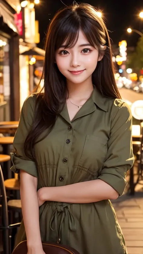 Cute girl working at a cafe terrace　Japanese　１９age　
Professional Lighting　Digital SLR　Beautiful and elaborate face　Perfect and beautiful face　Big eyes Smile