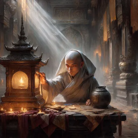 arafed image of a monk lighting a candle in a temple, concept art of a monk, wlop and ross tran, by Marek Okon, ross tran 8 k, by Bayard Wu, by Alexander Kucharsky, andreas rocha style, magic the gathering card art, monk, ross tran and michael whelan, grap...