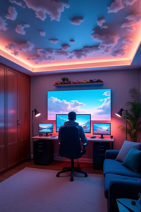 a big room, with a hot wheels shelf,  a gamer screen , with a brown closet, with a false ceiling like clouds and little lights , with a large mirror in front