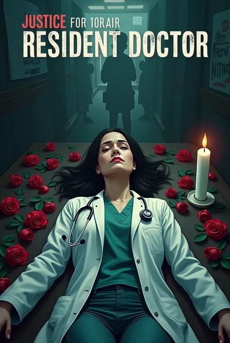 

---

**Description:** 
Create a poster focusing on a somber, haunting scene of a female doctor, who appears deceased, lying or standing in a white coat with a stethoscope around her neck. Her expression should convey a sense of sadness or injustice. The ...