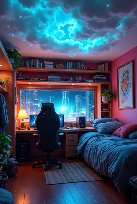 a big room, with a hot wheels shelf,  a gamer screen , with a brown closet, with a false ceiling like clouds and little lights , with a large mirror in front and a bed next to it