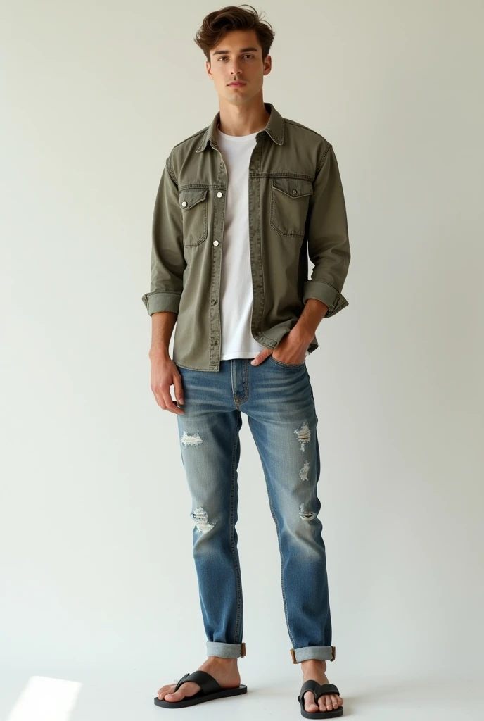 A young man wearing ripped jeans and flip-flops, looking handsome, full body shot. 

