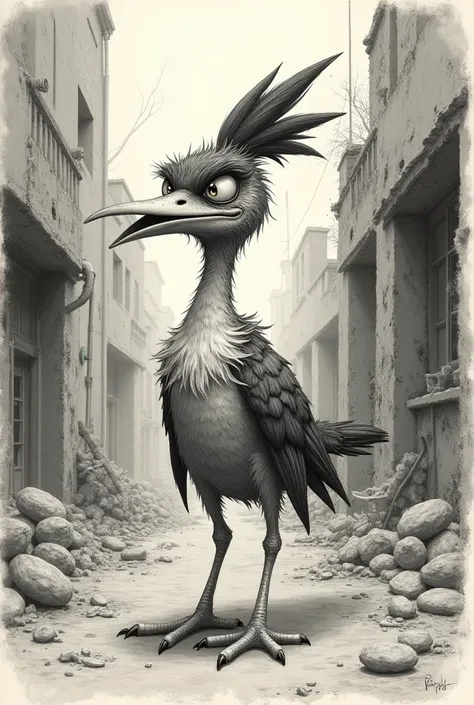 Drawing of a roadrunner looking like a slum dweller
