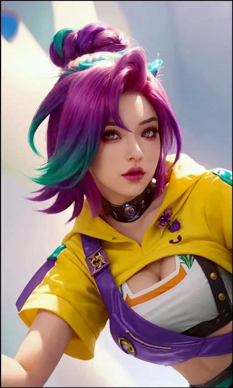 a close up of a woman with a purple and green hair, portrait knights of zodiac girl, style artgerm, ig model | artgerm, extremely detailed artgerm, rossdraws cartoon vibrant, vi from arcane, vi from league of legends, brigitte from overwatch, artgerm style...