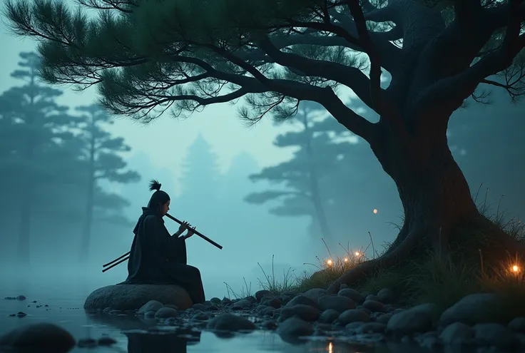 Low angle, low tilted POV. A lone samurai sitting on a stone under a Japanese pine tree, deeply absorbed in playing the Japanese shakuhachi flute, beautiful detailed eyes, beautiful detailed lips, extremely detailed face, long eyelashes, traditional Japane...