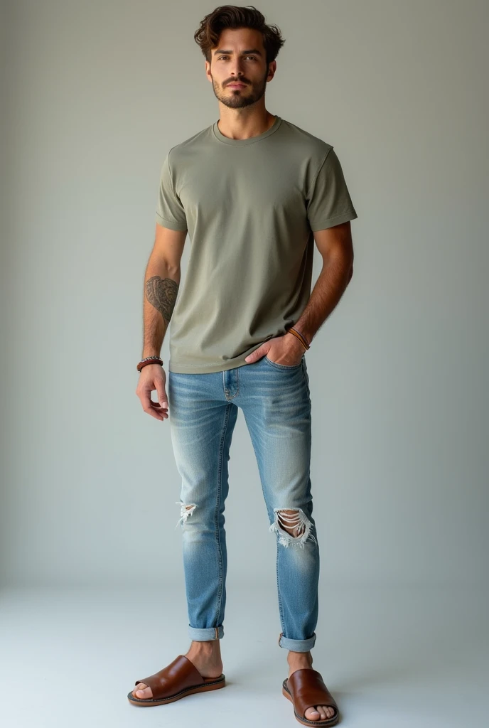 A young man wearing ripped jeans and sandals, handsome, full body shot. 

