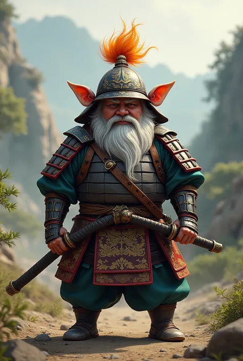 Create a samurai gnome , wearing medieval samurai clothes with colorful hair, and of average height, with a large aura of power 