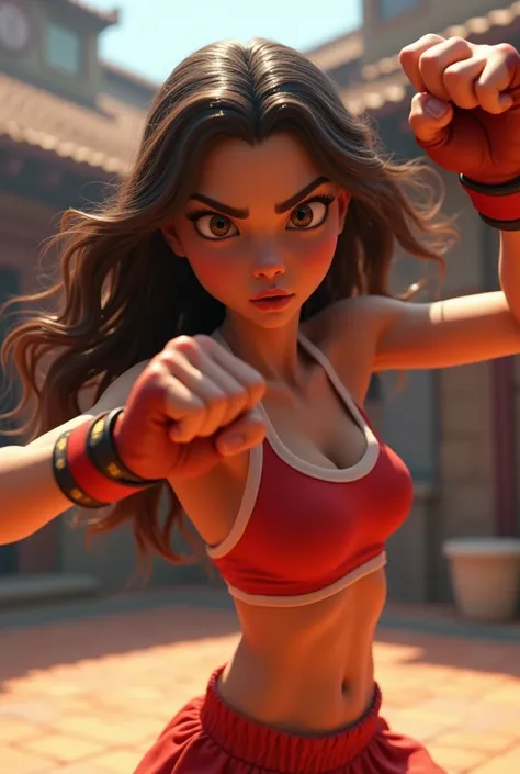 Pixar-style: White woman with brown wavy hair fighting Muay Thai