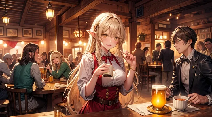 An illustrated scene set in a lively fantasy tavern at twilight. The focus is on a cheerful elf waitress, a young woman with long flowing hair and pointed ears, wearing a traditional tavern outfit. She is smiling warmly as she carries a large tray of mugs ...