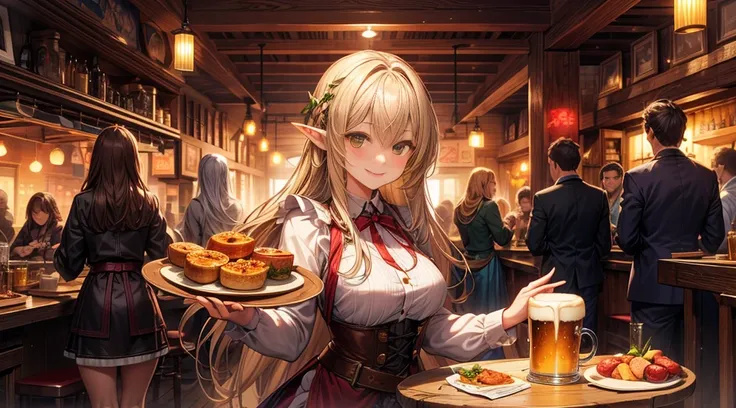 An illustrated scene set in a lively fantasy tavern at twilight. The focus is on a cheerful elf waitress, a young woman with long flowing hair and pointed ears, wearing a traditional tavern outfit. She is smiling warmly as she carries a large tray of mugs ...