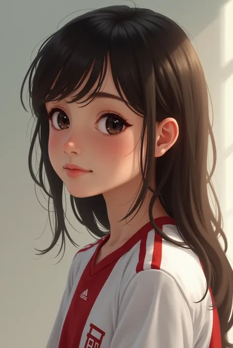 Create a  with black eyes brown hair with a loving gaze looking to the side wearing a soccer jersey 