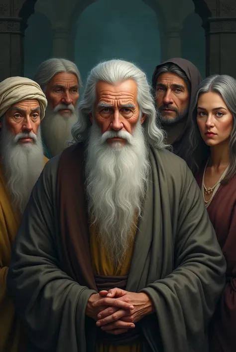 Seven wise old men from different ethnicities and three of the seven wise men are wise old women, forming a semicircle. Positioned on the right and left, with serene expressions that reflect the diversity and wisdom accumulated over the years. At the cente...