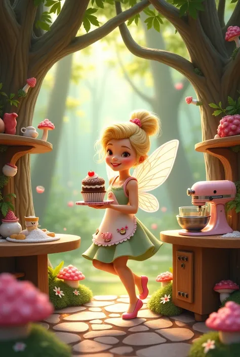  Imagine a Disney character in an enchanted forest kitchen setting:

colors: She uses soft and pastel shades like pink, lila, mint and yellow.
outfit: The fairy wears an adorable pastry apron with details like small cakes and cupcakes. Her dress is light a...