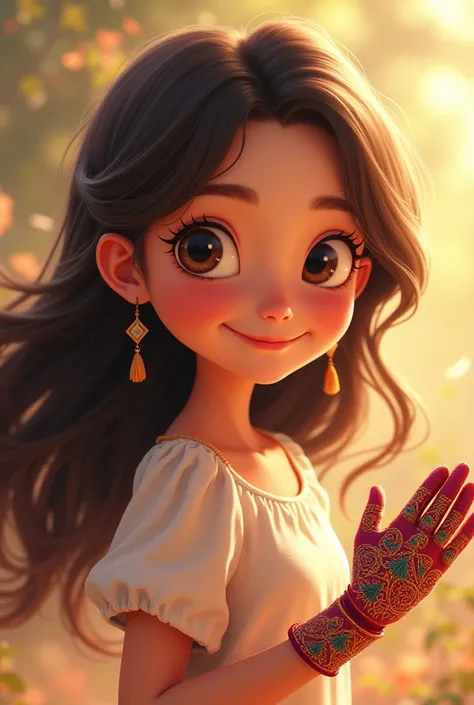 Pixar-style: White girl with wavy brown hair wearing a My Thai glove.