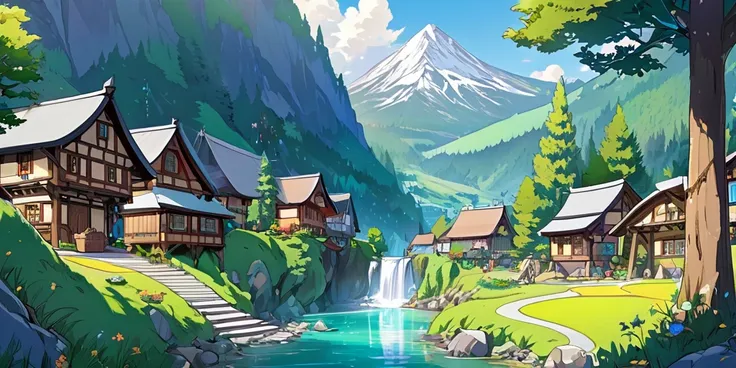 Draw a lofi anime poster, village hobbit, mountain, canions, fairy decoration, cascade, Light, forest, beautiful color palette gray glass, couleurs saturées vibrantes, Artwork, Aucun humain, le jours, Anime Theme