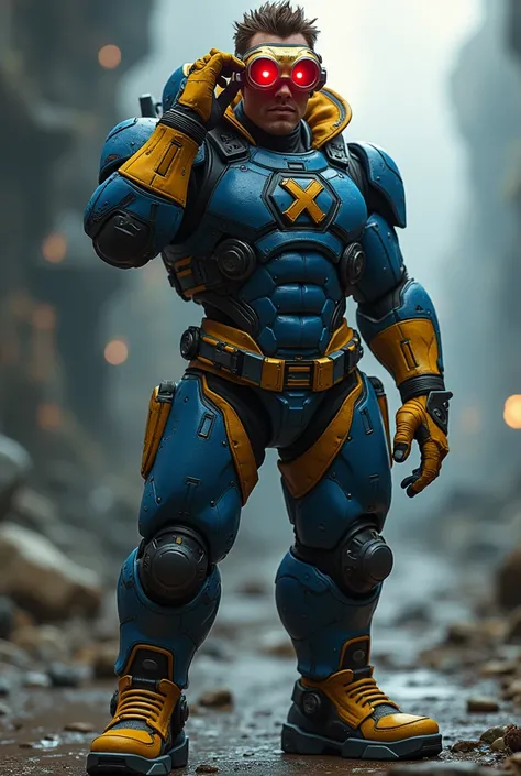 Cyclops, man, short brown hair, blue tactical suit with yellow accents, glowing high-tech red visor, x logo, yellow ultility belt, gloves and boots, one hand on visor