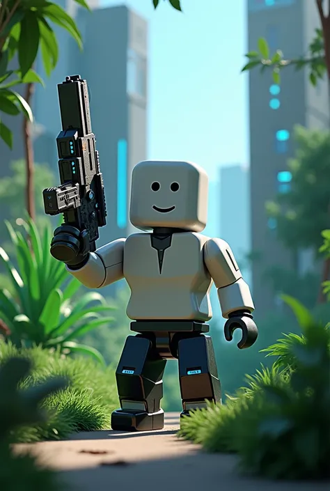 I want a Roblox noob holding a laser machine gun with a background of vegetation and some technology 