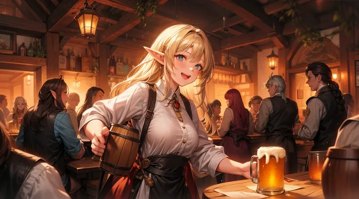 an illustrated scene set in a lively fantasy tavern at twilight. the focus is on a cheerful elf waitress, a young woman with lon...