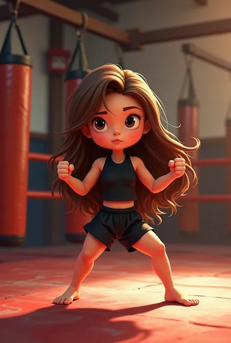 Pixar-style: white girl with long wavy brown hair, black clothes in a muay thai environment