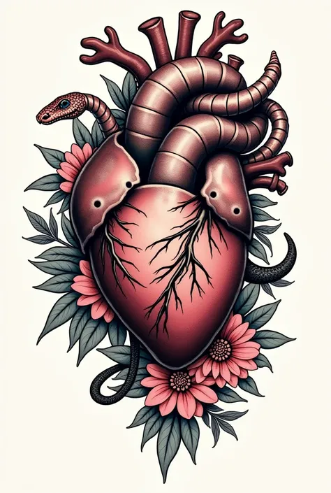 Create a tattoo for me with an anatomically correct heart from which snakes and flowers sprout and wind 