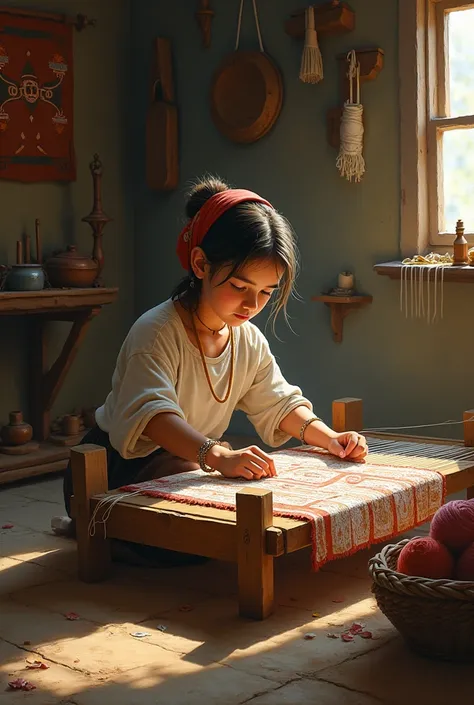 A peasant girl weaving on a loom 
