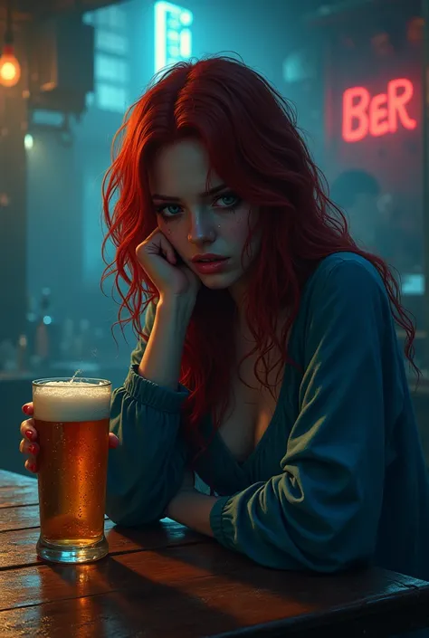 Red-haired snake woman,drinking beer at the bar,with blue clothes,suffering and crying 