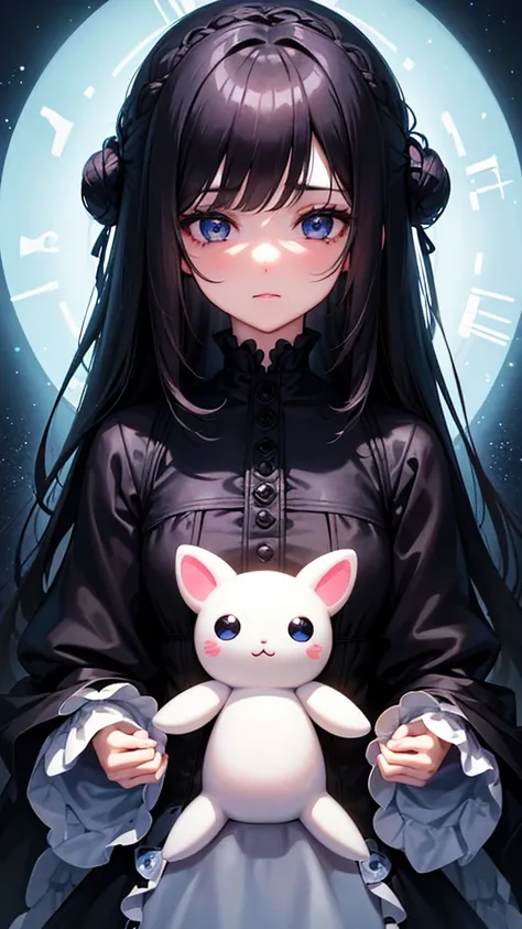 1girl,kawaii,long black hair,bangs,teary blue eyes,gothic style dress,holding cinnamoroll plushie,detailed eyes,detailed facial features,extremely detailed,photorealistic,intricate,elegant,beautiful,fantasy,soft lighting,warm colors,detailed background