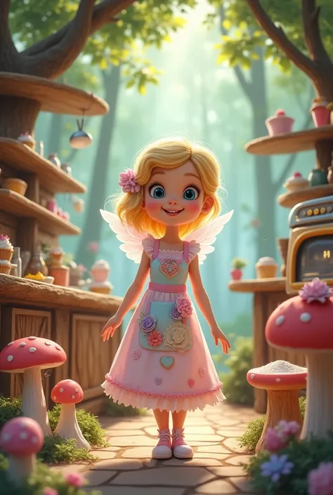  Imagine a Disney princess character, Cinderella as a child, in an enchanted forest kitchen setting.:

colors: She uses soft and pastel shades like pink, lila, mint and yellow.
outfit:  wear an adorable baking apron with details like small cakes and cupcak...