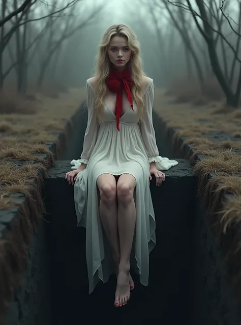 (Photorealism:1.1), Young woman, blonde, long hair, Long legs, Beauty, medium breasts, dressed in a long white dress, gray eyes color, the background is a dry, gloomy forest of thin branches, a view from inside the grave, Young woman сидит на краю могилы с...