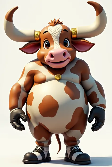 Personnage inspiré dune vache cartoon avec des tache marrons est blanche des corne fine sur sa tête des soulier noir est blanc sur sest sabot des sabot en main une bague dor sur sont nez est que le personnage a un côté un de cartoon avec le fait quil soi t...