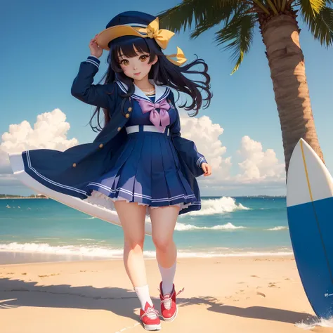 Sailor suitを着たアニメのが、Standing on the beach next to a surfboard, Sailor suit, dress, , Kantai Collection Style, 素敵なdressを着たかわいいアニメのワイフ, loose coat collar Sailor suit, Cute girl anime visuals, Anime Girl Cosplay, Sailor suit, Cute 3D anime rendering, Magic sc...