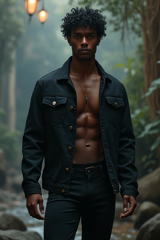 23 years man... extremely good-looking 
Otherworldly attractive 
Muscular 
Sexy and hot 
Black skin tone
He has black eyes, black curly hair. Hes about 59 and usually wears a black jeans jacket and pant combo.   