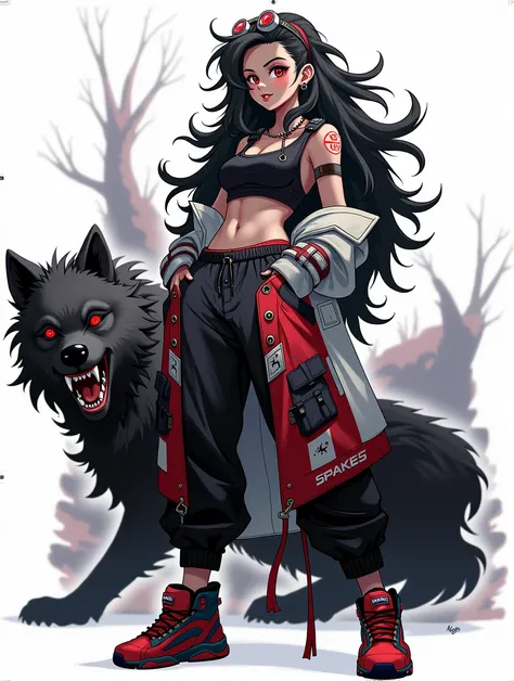 Teenage girl, wild black hair, red eyes, sports bra, jacket hanging off arms, baggy pants, sneakers, wolf companion stand behind her, simple background, concept art, illustration