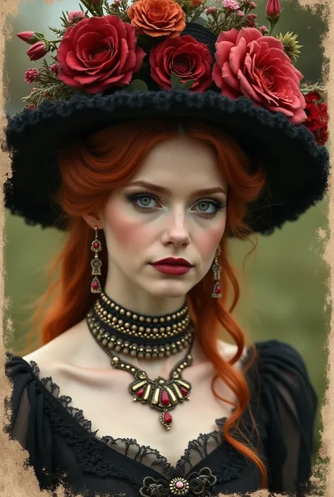 (Masterpiece) An insanely beautiful Victorian lady with rich flowering over the top hat, red hair, rich jewelry, vintage sepia photography, outdoor photography, extremely inviting look, looking at the camera, very old and torned photo