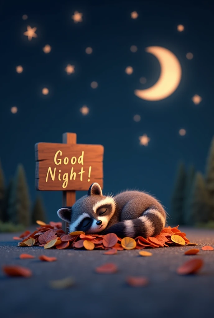 a cute little raccoon lies contentedly sleeping on a pile of leaves and snores. next to him is a wooden sign with the text "Good Night!", in the night sky there is a half moon and some shooting stars, cute 3d pixar style