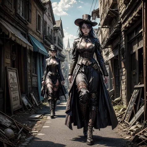 
an undead woman in a steampunk uniform in the foreground  near the obcietive searches a street of a semi-abandoned gothic village, next to her some grotesque and surreal undead characters