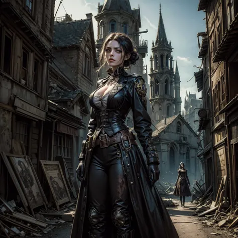 
an undead woman in a steampunk uniform in the foreground  near the obcietive searches a street of a semi-abandoned gothic village, next to her some grotesque and surreal undead characters